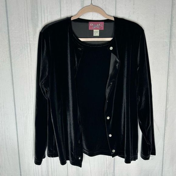 Denim & Co. 2 Pc Black Velvet Cardigan & Tank Set EUC Button Down Size M Stretch - Picture 2 of 15